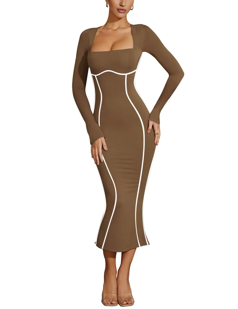 Brown dress with mesh sleeves on a white background
