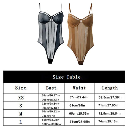 Two bodysuits, one black and one brown, with a size table below on a white background.