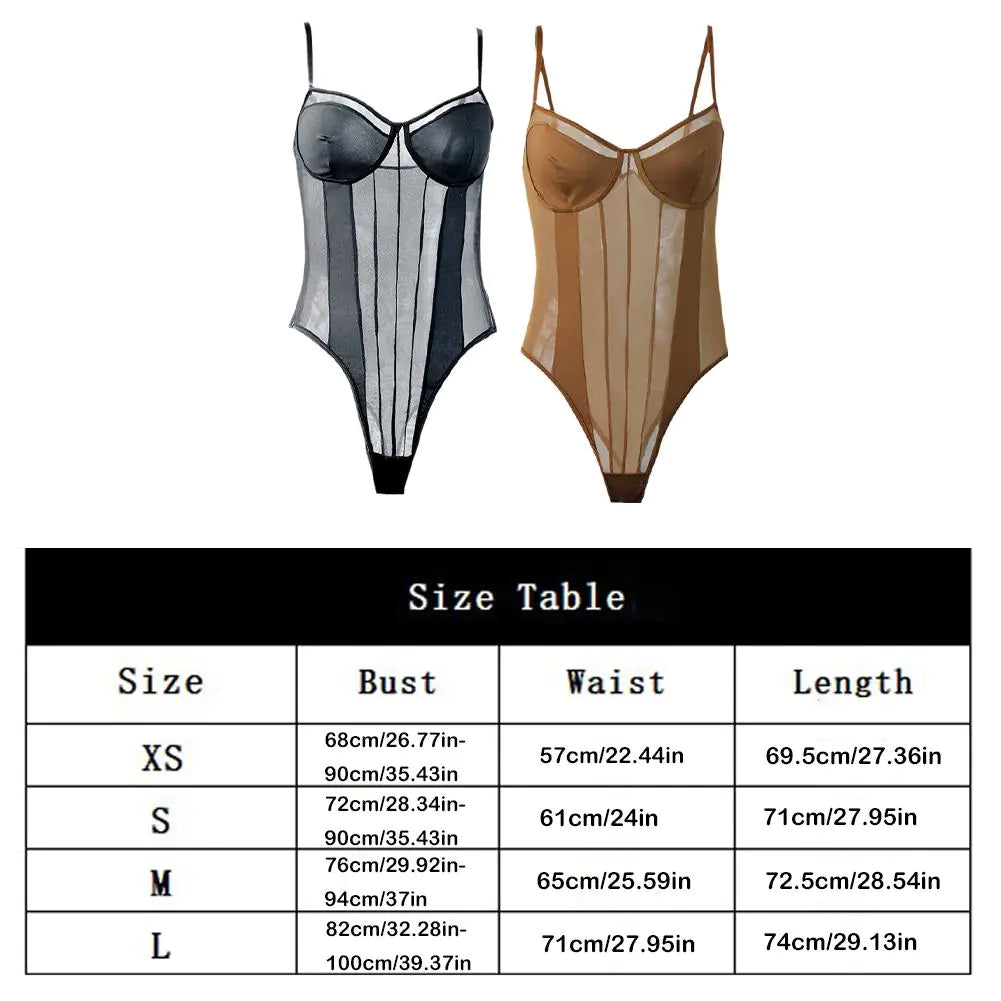 Two bodysuits, one black and one brown, with a size table below on a white background.