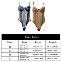 Two bodysuits, one black and one brown, with a size table below on a white background.