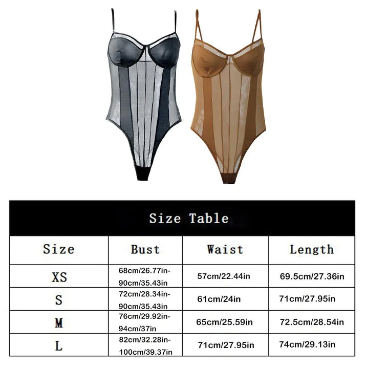 Two bodysuits, one black and one brown, with a size table below on a white background.