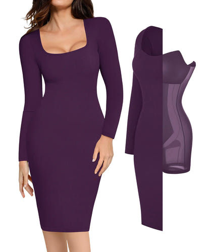 Popilush Long Sleeve Midi Dress Bodycon Party Dress Shapewear Tummy Control Fall Cocktail Dresses Built-in Bra