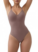 Brown bodysuit worn by a model on a white background