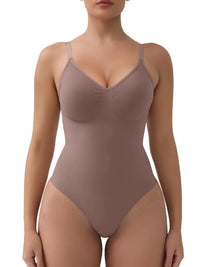 Brown bodysuit worn by a model on a white background