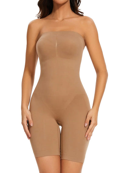 Beige strapless bodysuit worn by a model on a white background