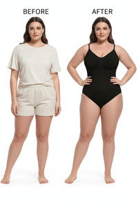 Black bodysuit worn by a model on a white background