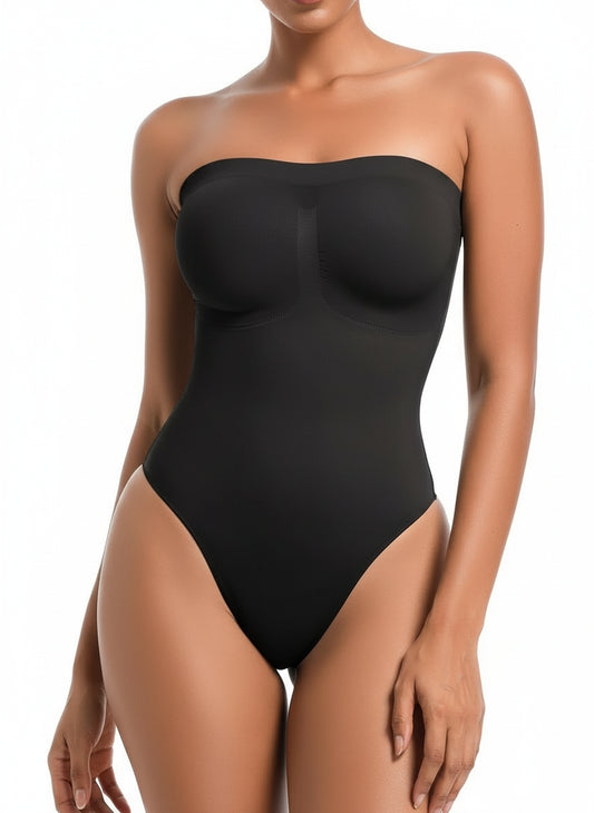 Black strapless bodysuit worn by a model on a white background