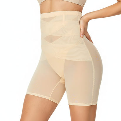 Beige shapewear shorts on a white background