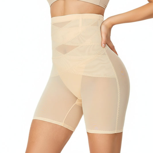 Beige shapewear shorts on a white background
