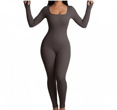 Gray bodysuit worn by a model on a white background