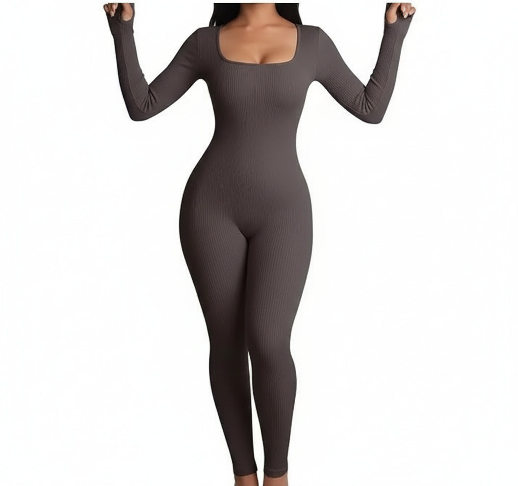 Gray bodysuit worn by a model on a white background