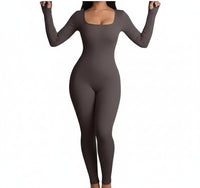 Gray bodysuit worn by a model on a white background