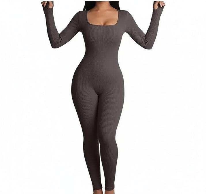 Gray bodysuit worn by a model on a white background