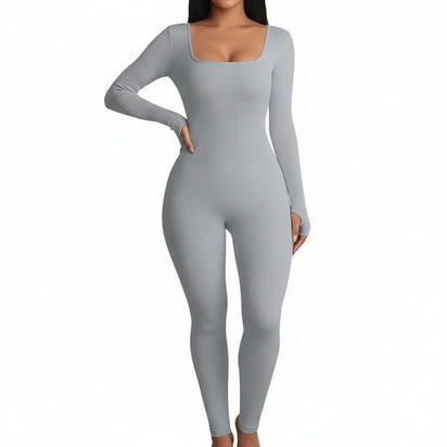 Gray ribbed jumpsuit on a white background