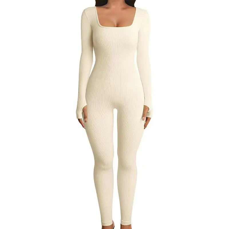 Beige ribbed jumpsuit on a white background