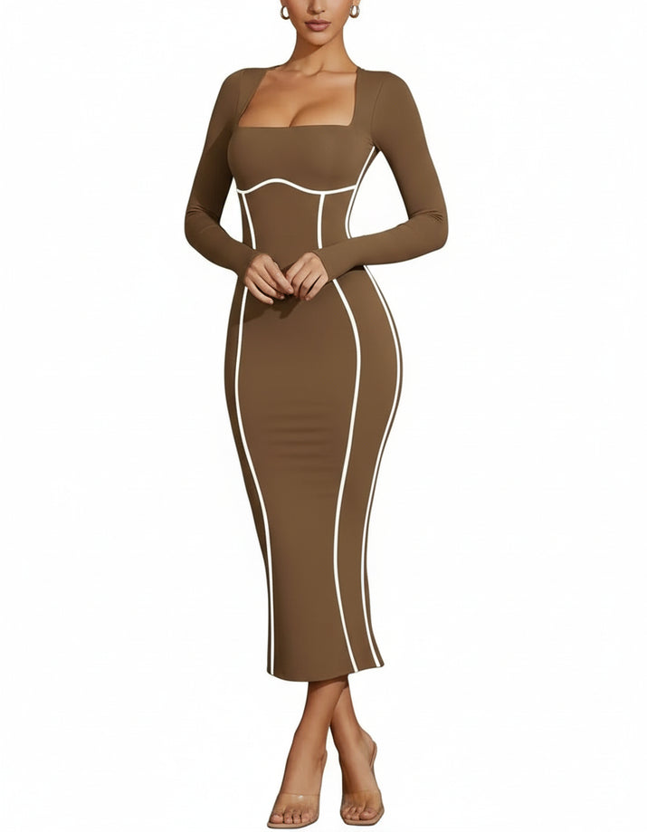 Brown dress with mesh sleeves on a white background