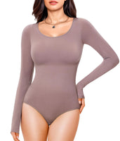 Long Sleeve Bodysuit for Women Tummy Control Crew Neck Body Suit Tops Slim Fit