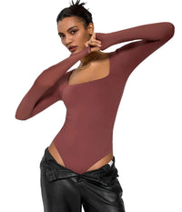 Avidlove Bodysuits Sexy Womens Fall Tops Long Sleeve Square Neck Bodysuit Double Lined Ruched One Piece Thong Bodysuit(FuchsiaXX-Large)
