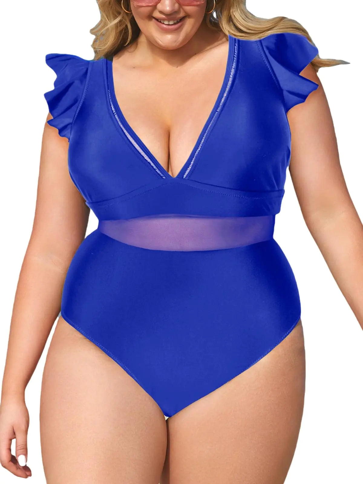 CUPSHE Womens One Piece Swimsuit Plus Size Black Plunging V Neck Ruffle Mesh Bathing Suit 0X