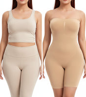 Beige shapewear garment worn by a model on a white background