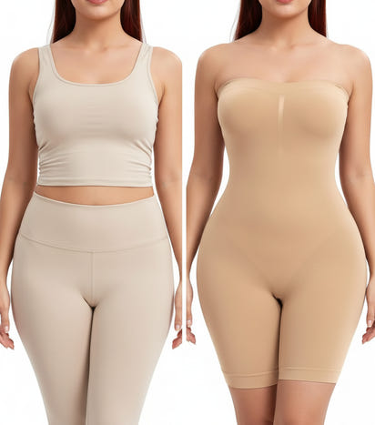 Beige shapewear garment worn by a model on a white background