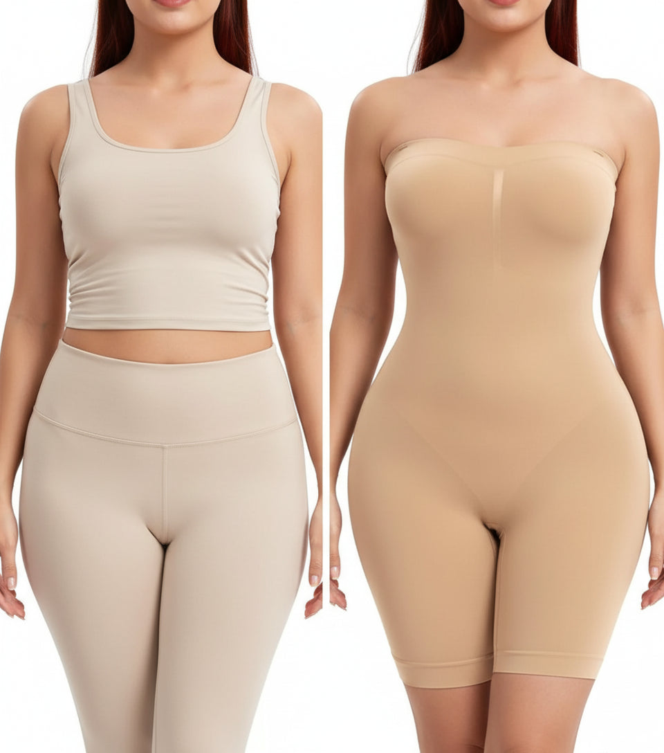 Beige shapewear garment worn by a model on a white background